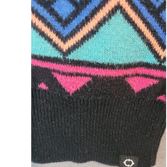 Empyre Mens 80s Retro Black Aztec Print Sweater L Orange Pink Teal Red Holes - Picture 5 of 10